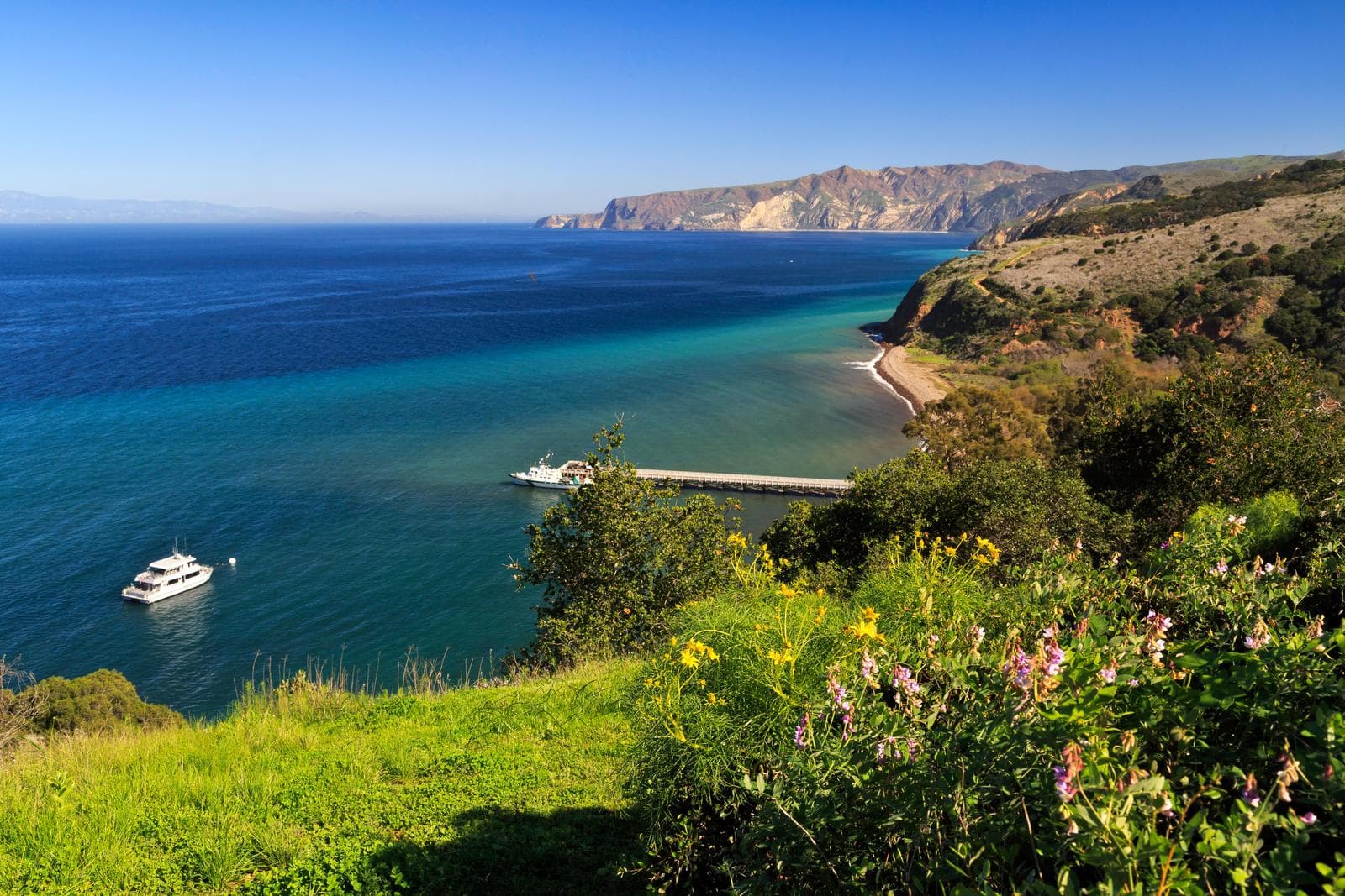 View of harbor with boat and pier from grassy bluff.
