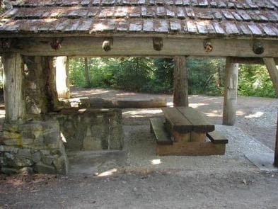 Cascadian style pole shelter protecting picnic table next to stone fireplace and chimney.