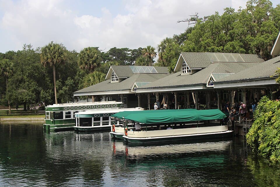 Glass-bottom boats docked at the spring head in Silver Springs State Park