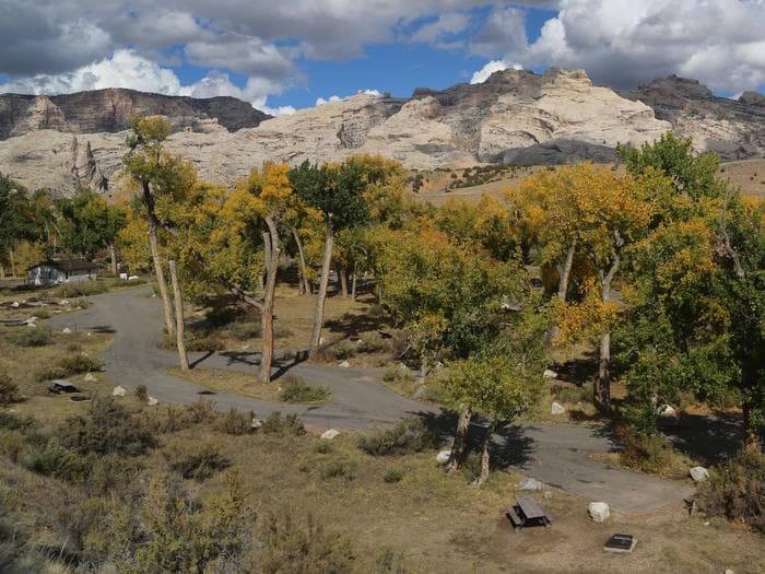 Looking down on Green River Campground from Cub Creek Road overlook. Cottonwood trees are starting to turn yellow.