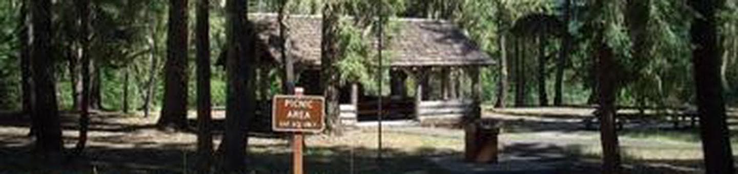 Picnic area sign in foreground, sunlit group picnic shelter set in conifer forest background.