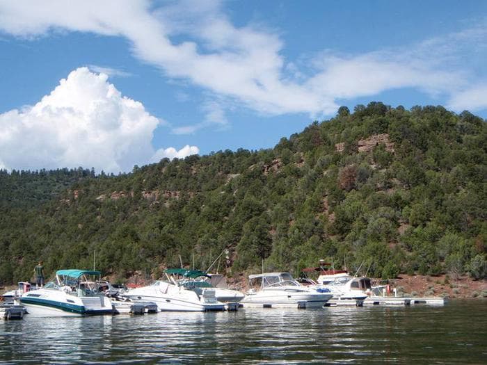 Boats in dock slips in a marina with a mountain of red rock and trees in the background.