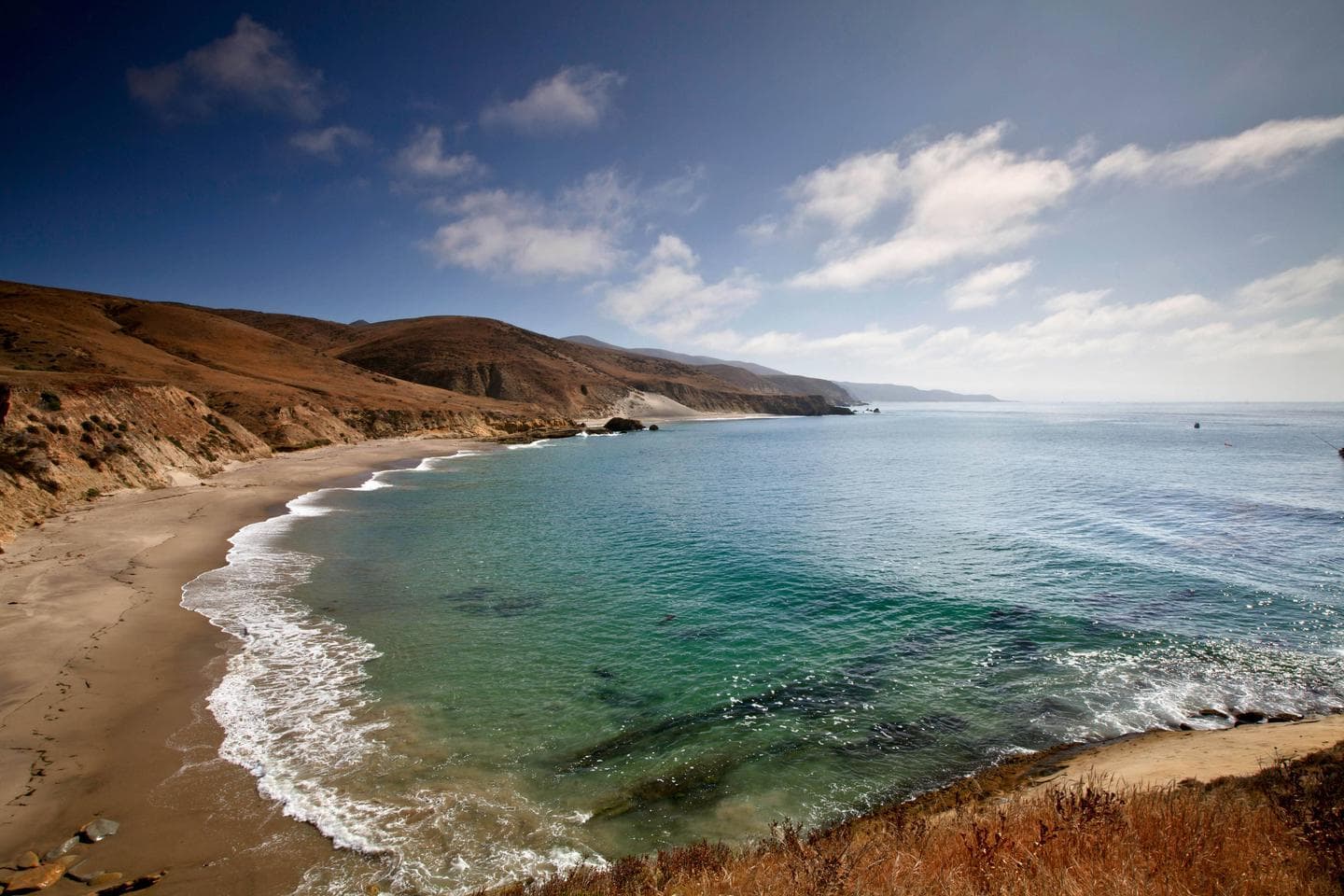 Sandy beach with ocean and small waves and steep coastal bluffs covered in grass.