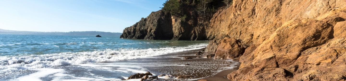 The beach at Kirby Cove, with dramatic cliffs, dark volcanic sand, and frothy water.
