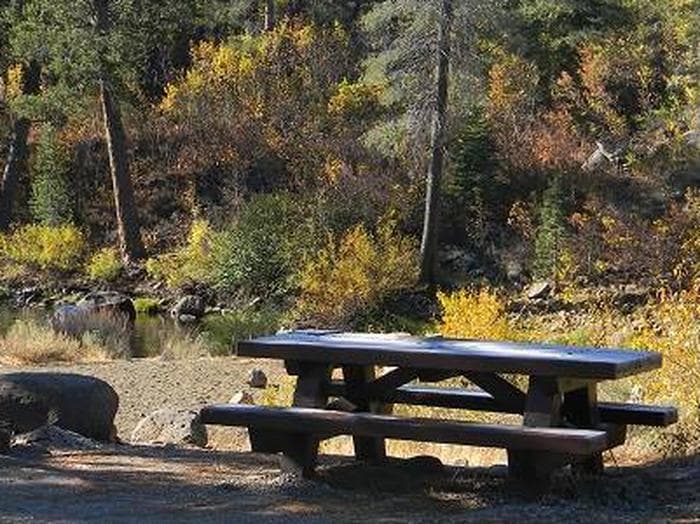 Picnic table next to the Little Truckee River