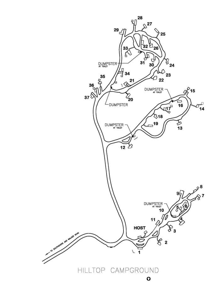 Site Map Showing Three Loops And Location Of Dumpsters, Vault Toilets and CampHost Site In Loop 1.