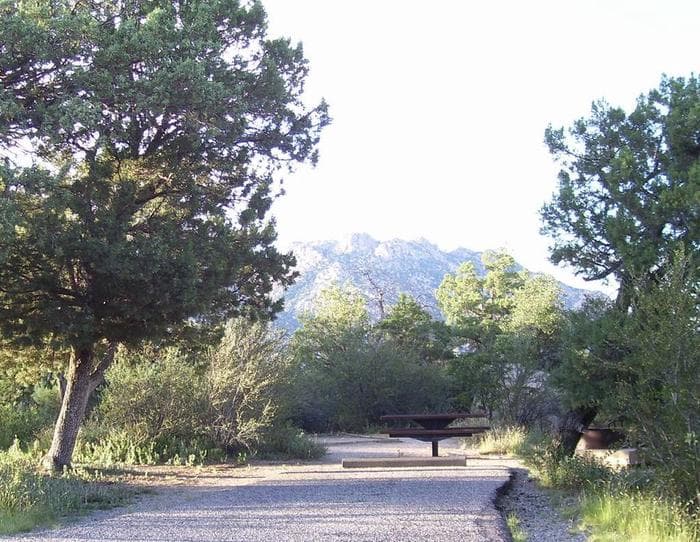 Yavapai Campground Site #15 with Granite Mountain in the Background behind the metal table