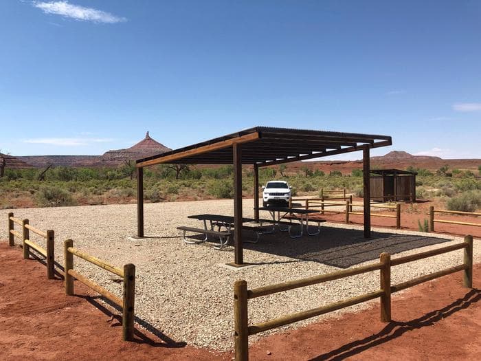 Superbowl Group Site shade structure with Six Shooter Peak in background