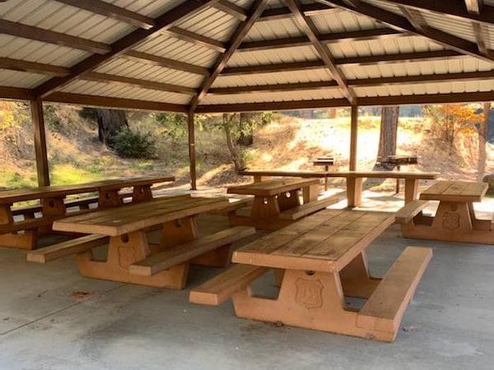 Picnic tables under shelter