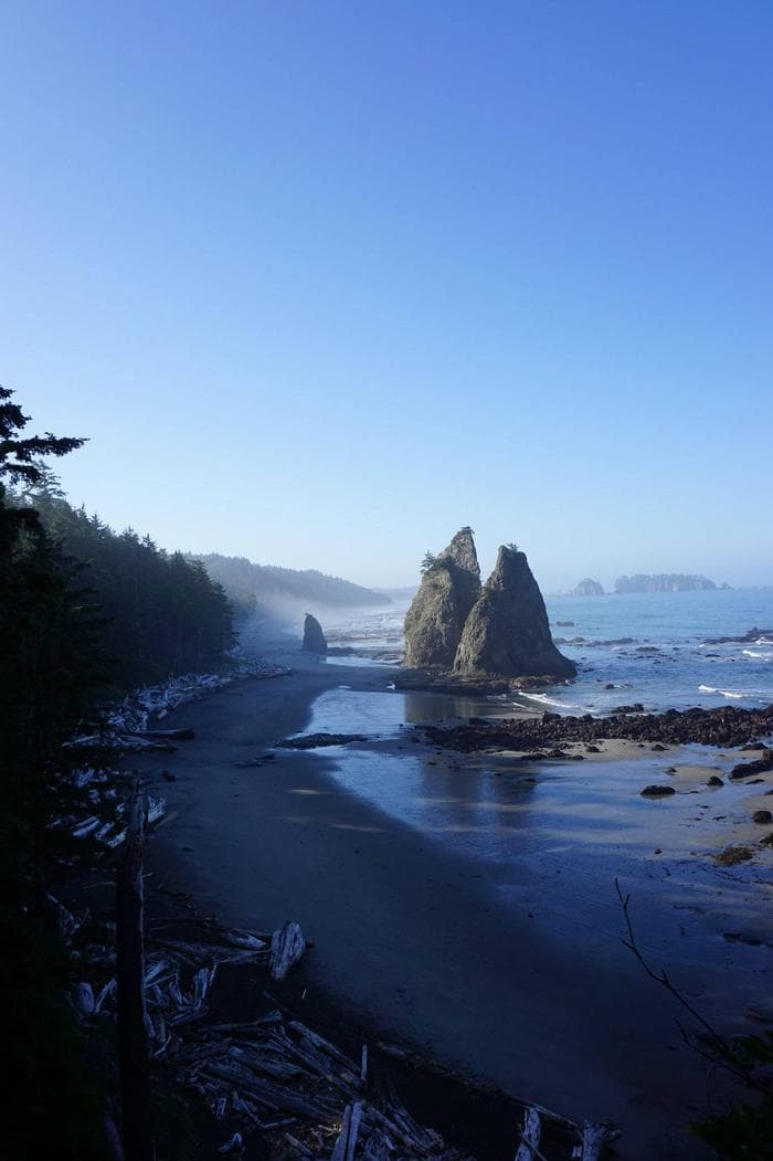 Rialto Beach with sea stacks and drift wood on beach