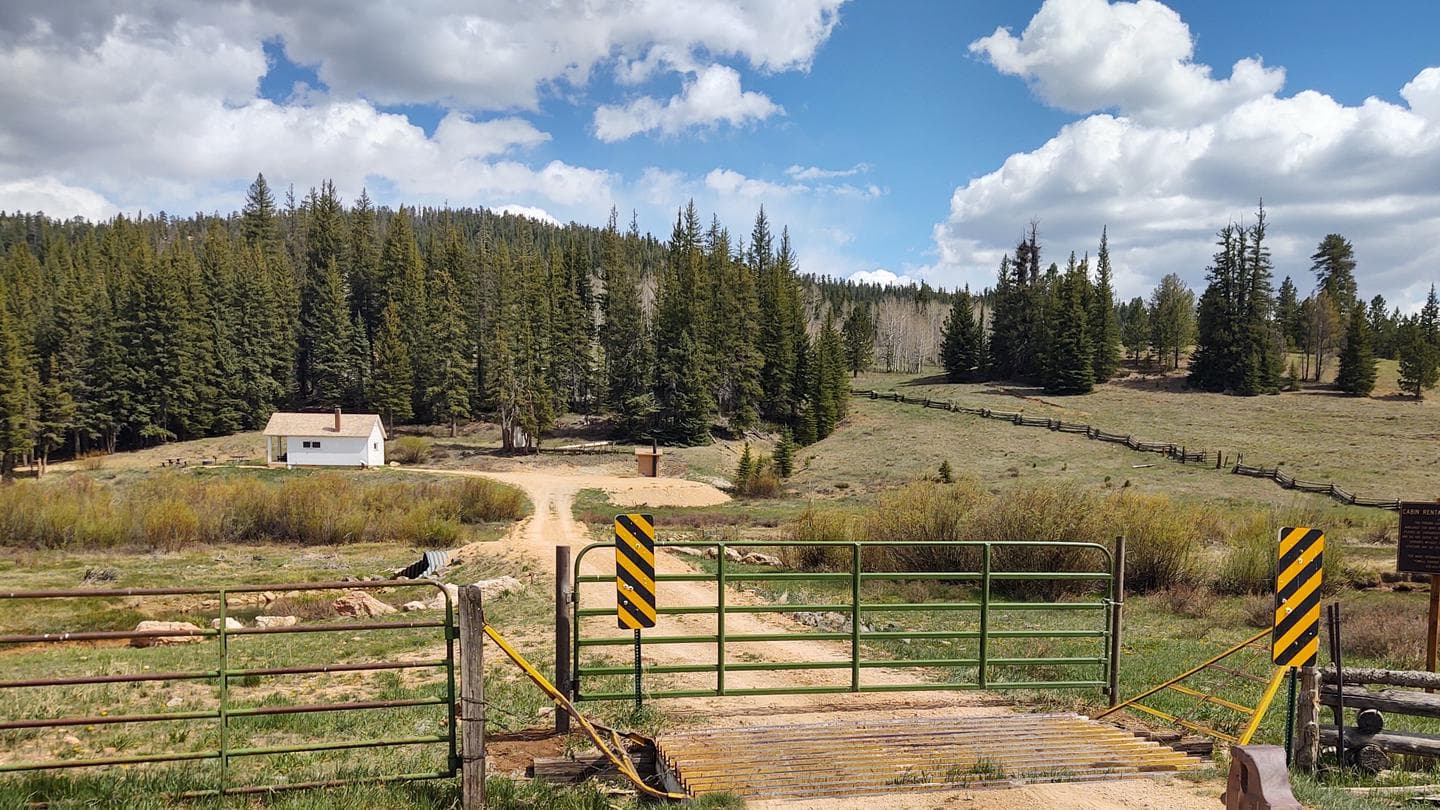 Cabin with picnic table and access road.