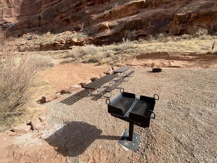 Group campsite picnic tables, fire pit, and grill