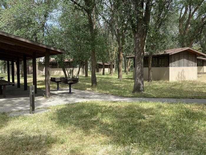 Sleeping cabins under trees