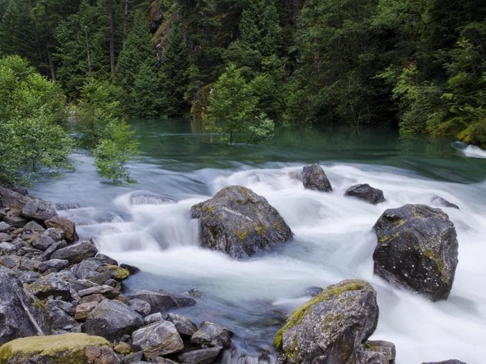 River flowing over rocks with trees in the background.