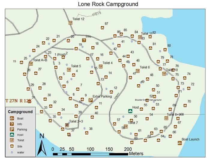 map of lone rock campground showing layout and site locations