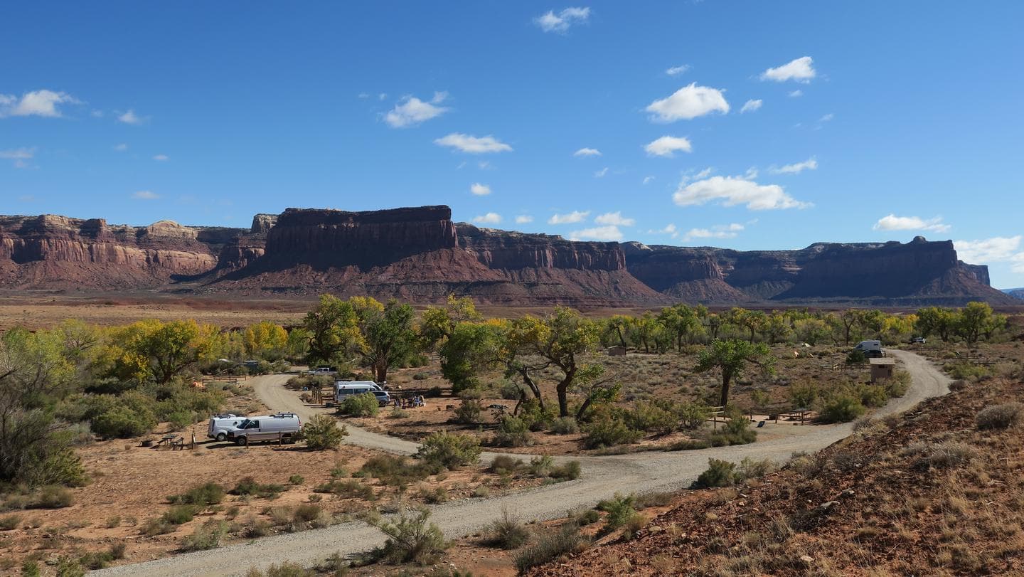 A gravel campground loop road surrounded by Cottonwood trees with red sandstone cliffs in background.
