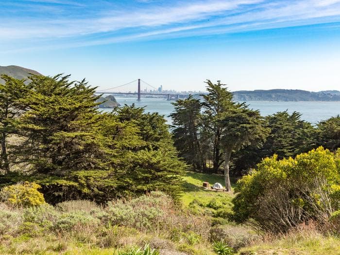 View of Golden Gate Bridge from above Bicentennial Campground.