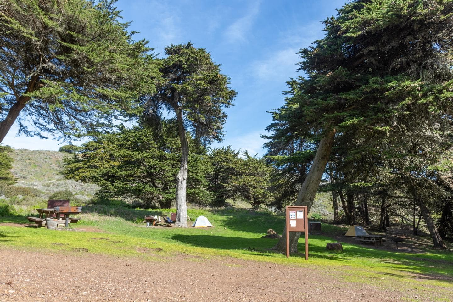 Sites 1, 2, and 3 of Bicentennial Campground are visible in this wide shot, along with the campground bulletin board. Each site has a picnic table, grill, and two of them are occupied with campers and have tents. Around the site are tall coniferous and monterey cypress trees.