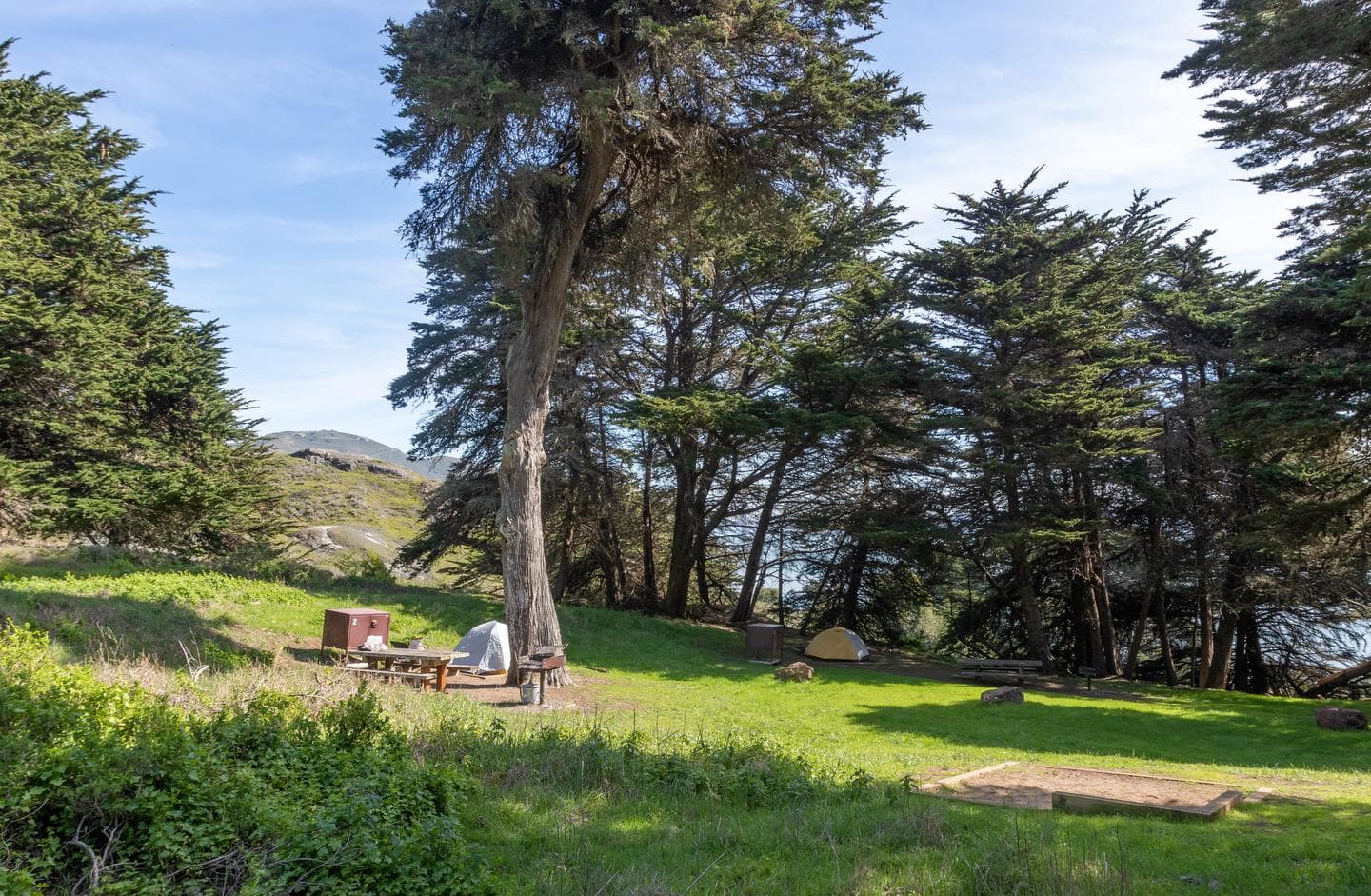 Side view of Bicentennial Campground. In the foreground is Site 1, to the left is Site 2, and in the background is Site 3. Through the cypress trees you can see the hills of the headlands.
