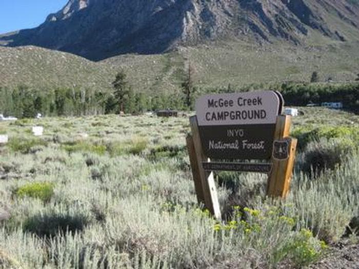 A brown and yellow Forest Service sign for McGee Creek Campground