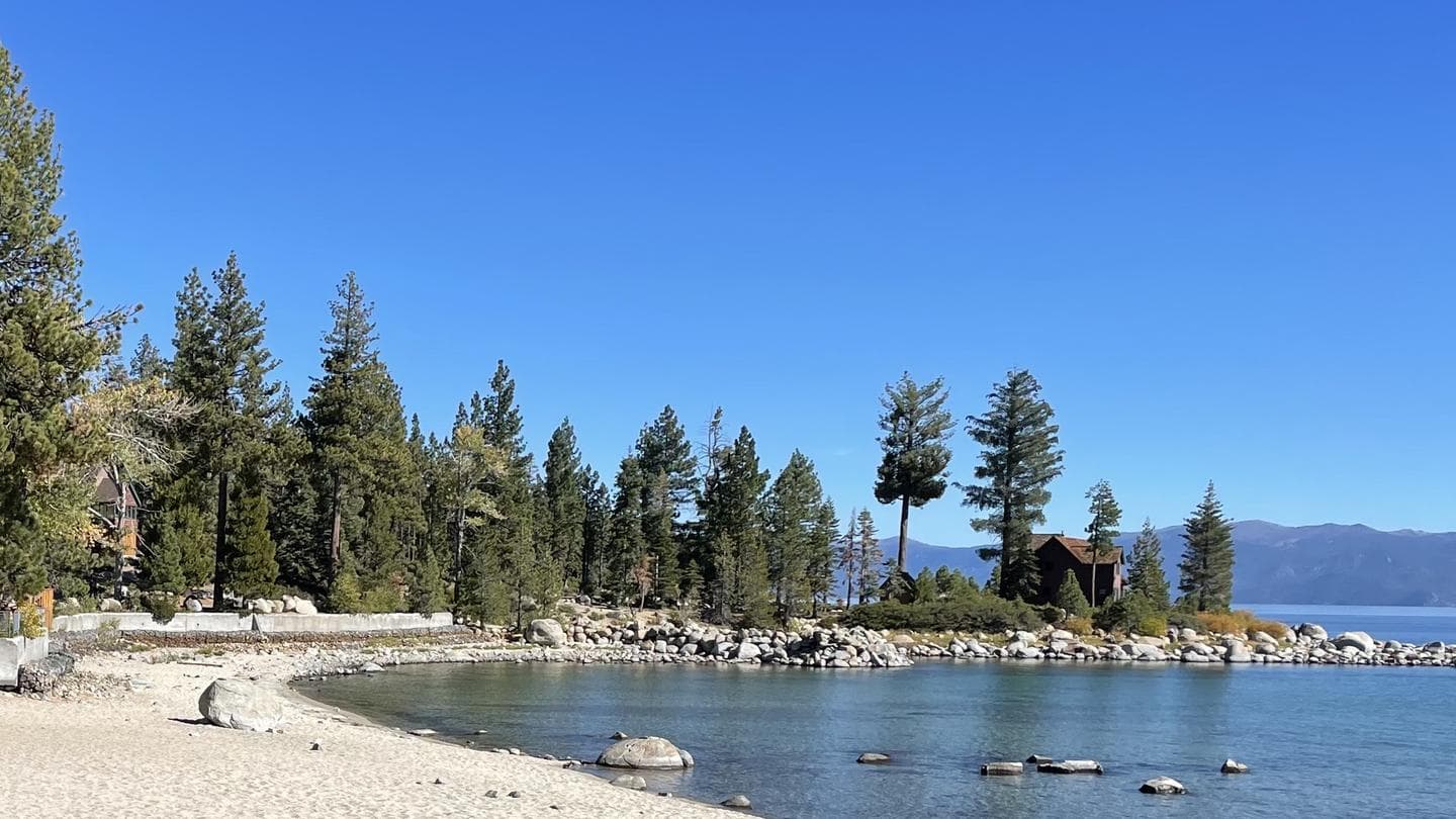 View of the nortern shore of Meeks Bay. Tall pines and rocky shore