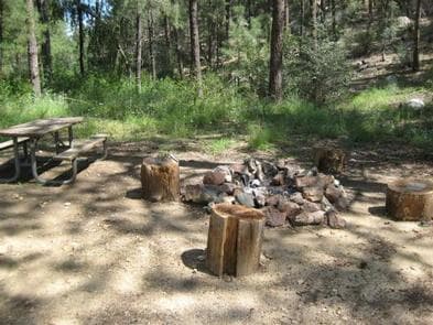 Wood chopping area with stack of chopped wood to the left of wood and metal picnic table